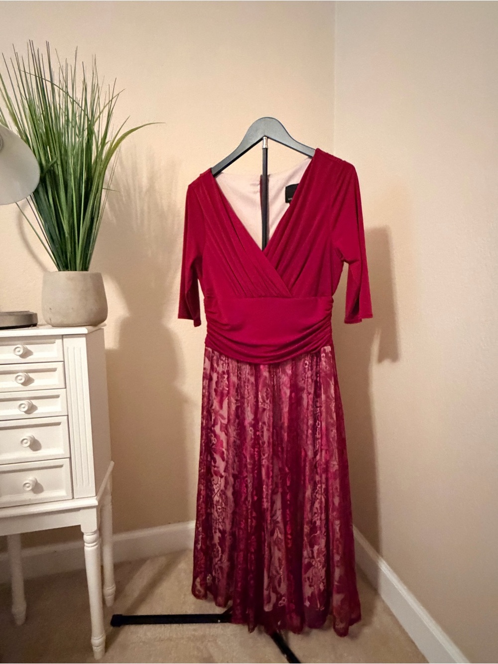Elegant Deep Red Lace Midi Dress with Surplice Bodice